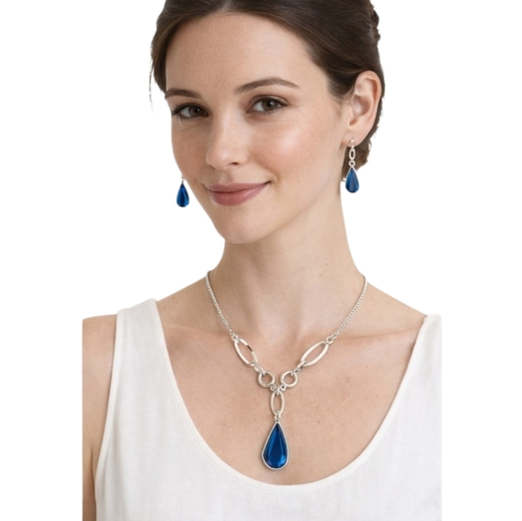 unbranded Jewelry - Blue Teardrop Crystal Necklace & Earrings Set Silver Tone Statement Jewelry